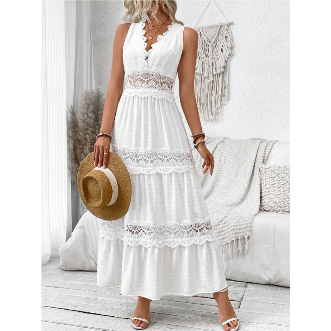 Robe sans manches à V en dentelle pour femmes