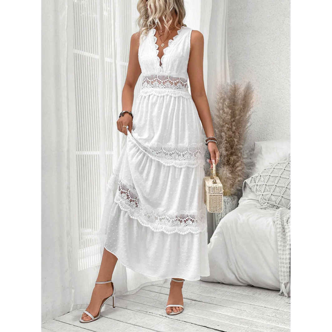 Robe sans manches à V en dentelle pour femmes